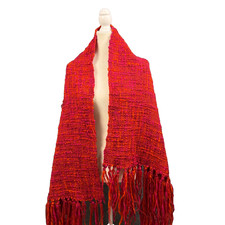 Handknit Chunky Wool Wrap Shawl Scarf Fringe Pink Orange Colorful Artsy Boho