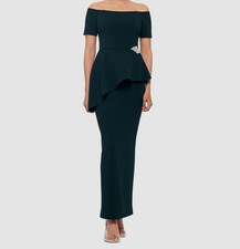 Betsy  Adam Women's Green Off-the-Shoulder Embellished Draped Gown Dress Sz 16