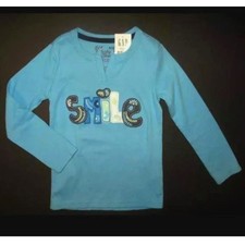 NEW Baby Gap kids girls t-shirt 12-18 long sleeve SMILE blue green applique top