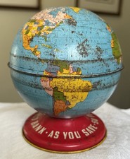 Vintage Ohio Art Tin Litho Metal Globe Piggy Bank   As You Save So You Prosper  