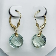 14k Yellow Gold Green Amethyst Prasiolite Faceted Dangle Drop Leverback Earrings