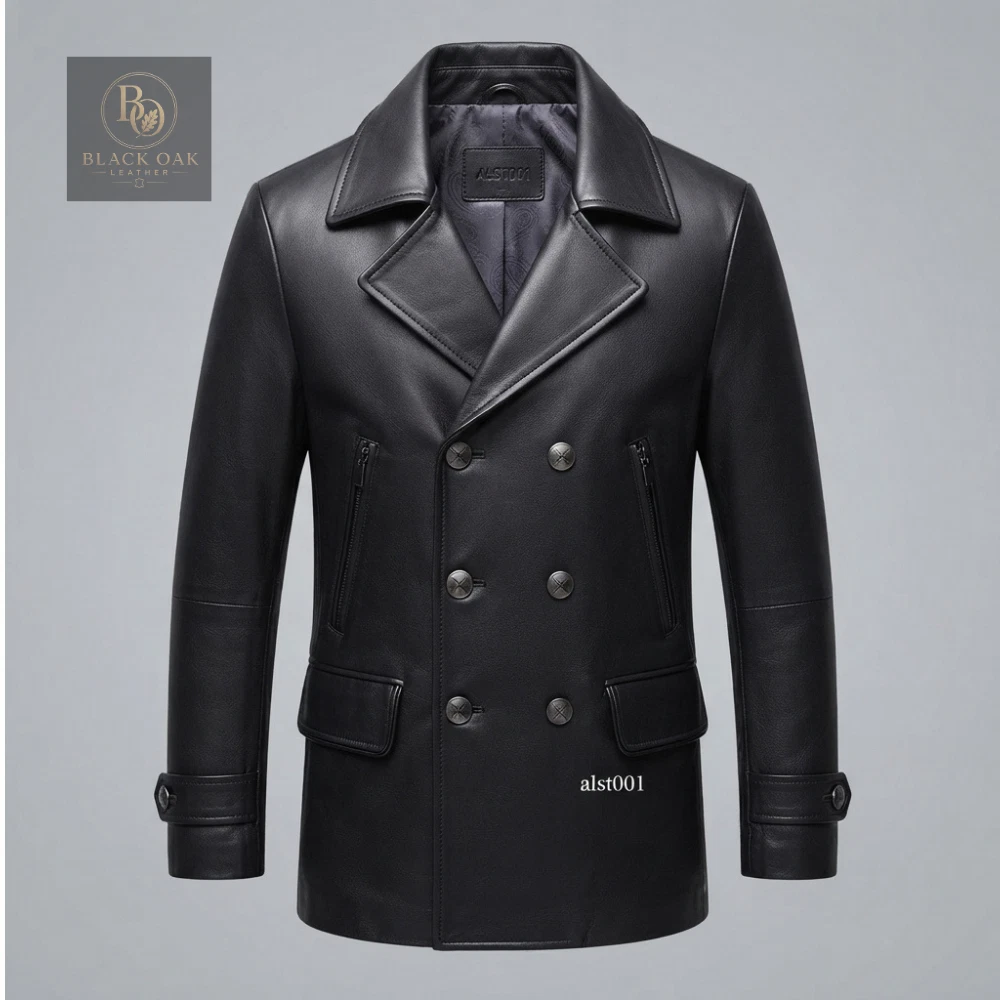 Black Leather Outer Shell Pea Coat Coats, Jackets & Vests for Men
