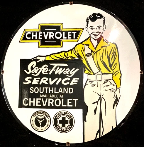 Vntg Art CHEVROLET SAFE-T-WAY SERVICE PORCELAIN ENAMEL SIGN Rare Advertising 30"