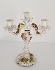 Vintage Dresden 3-Arm Porcelain Candelabra w/ Encrusted Flowers H 12”