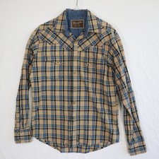 Wrangler Retro Shirt Mens Medium Western Rodeo Pearl Snap Tan Plaid Long Sleeve