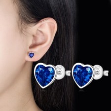 925 Sterling Silver Post Blue CZ Heart Shape Solitaire Stud Earrings Gift PE20