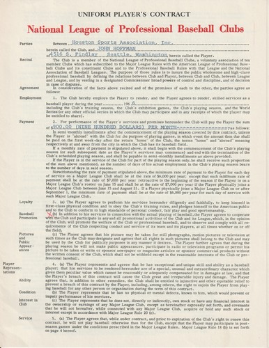 John Hoffman - Signed 1966 Houston Astros Player Contract - Deceased 2001