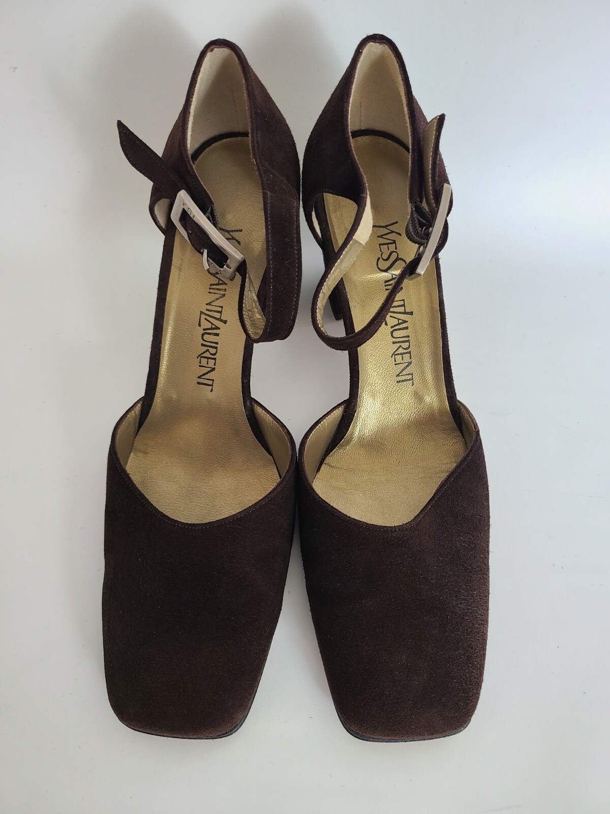 Yves Saint Laurent taglia 7 cinturino alla caviglia scamosciato marrone tacco a pompa Made in Italy