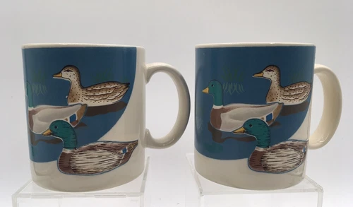 Vintage Japan Mallard Duck Art Coffee Mug Set Retro MCM Lot Of 2