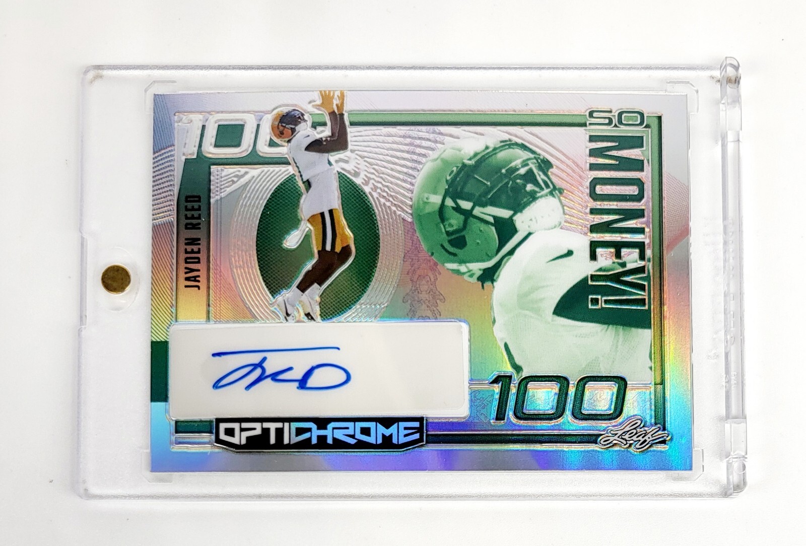 MINT #/10 RC AUTO 2023 Leaf Eclectic Optichrome Jayden Reed SO MONEY PACKERS NFL