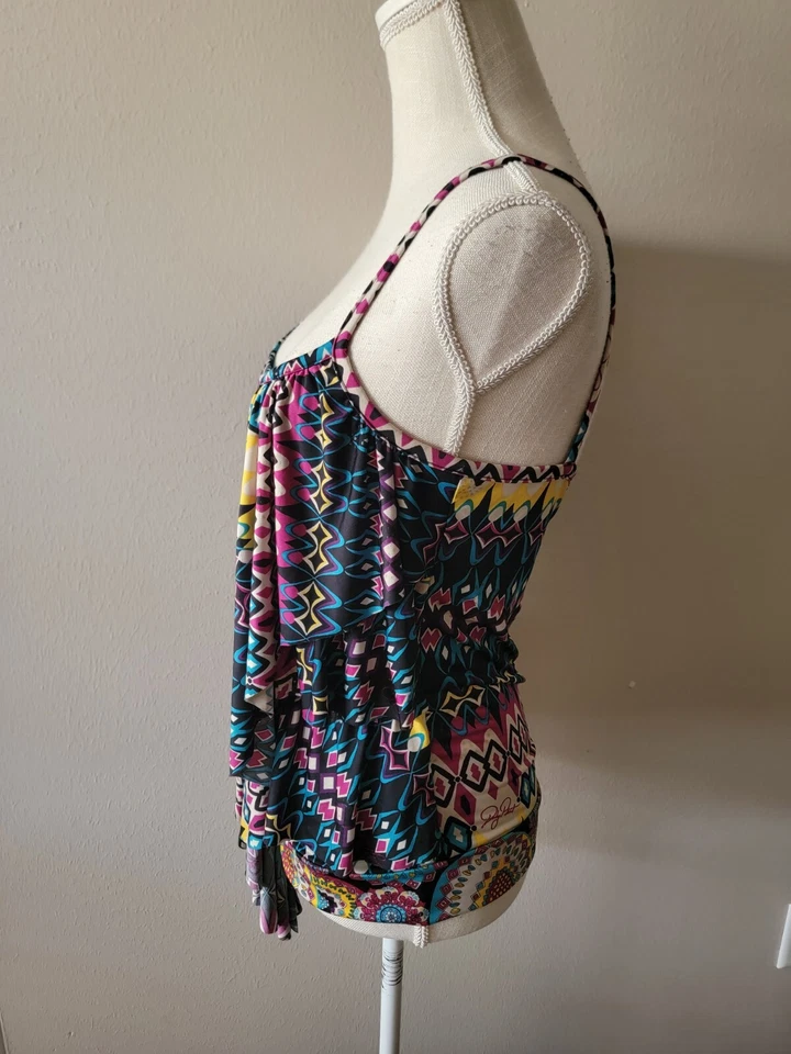 Camiseta sin mangas Baby Phat mediana Y2K auténtica correa de espagueti multicolor con volantes  Foto 3 de 4