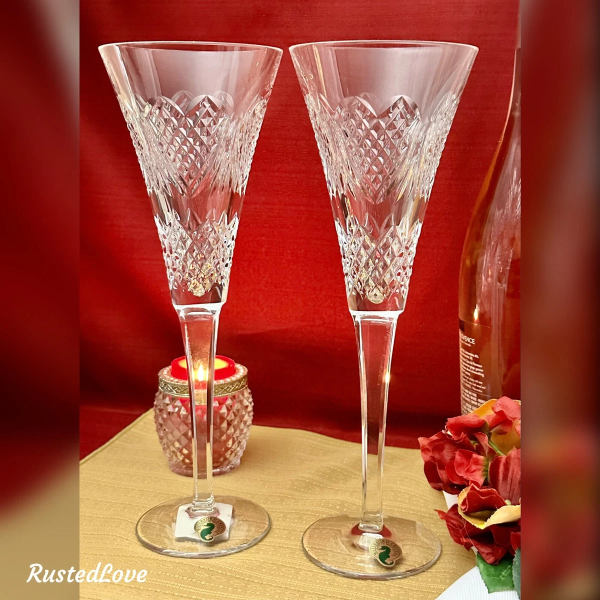 Waterford Crystal Toasting Champagne Flutes Heirloom Wedding Hearts glasses  - 2