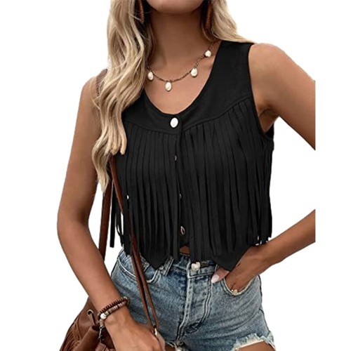 Women s Fringe Faux Suedes Vest Hippie Sleeveless Tassels Cardigan Jackets - Picture 16 of 18