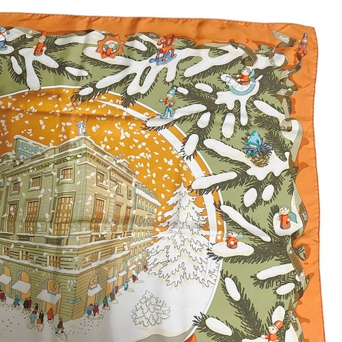 Bufanda de seda naranja Hermes Carre 90 Noel au 24 Faubourg accesorio de moda - Imagen 6 de 10