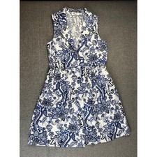 Eliza J Dress 4 Blue White Paisley Linen Blend Sleeveless Button Front Summer