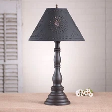 DISTRESSED BLACK TABLE LAMP & 15" Punched Tin Shade - Primitive Handmade Light