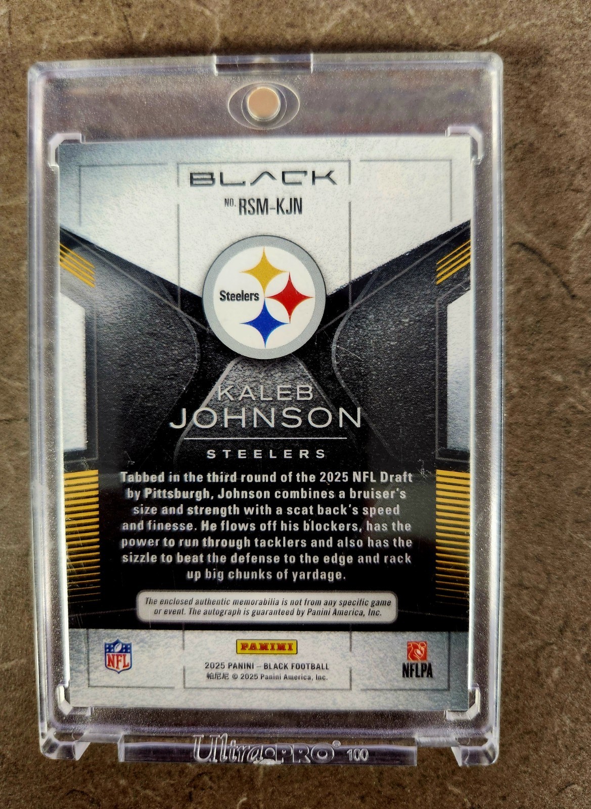 2025 Panini Black Rookie Signature Materials Kaleb Johnson #RSM-KJN /50 view 2