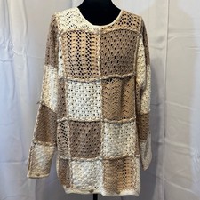 Vtg 90s Express Tricot Handknit Crochet Patchwork Knit Sweater Large-AS IS