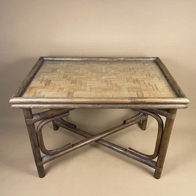 Vintage Bambus Rattan Tisch Webplatte Boho Beistelltisch Glasplatte klappbar