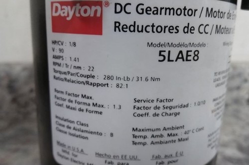 Dayton 5LAE8 1/8 Input HP 22 RPM 90VDC 280 In-Lb Max Torque DC Gearmotor (C) - Picture 2 of 12