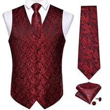Mens Wedding Paisley Suit Vest, Waistcoat Necktie and 3X-Large 04 Red Black