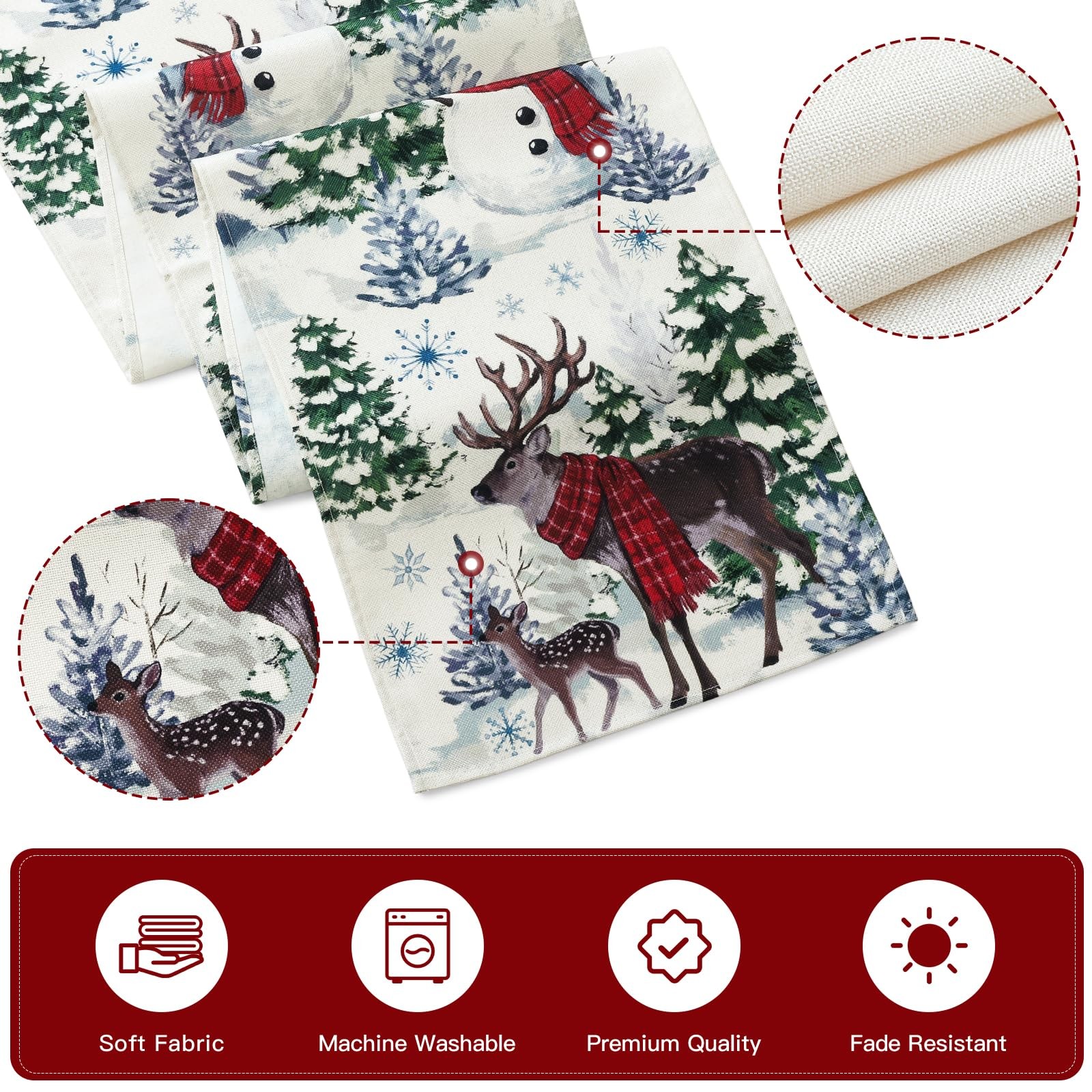 Reindeer Snowman Christmas Tree Table Runner Xmas Winter Snowflakes Holiday