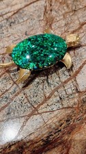 Green Glitter Turtle Brooch Pin Gold Tone Metal Animals  Insects Theme