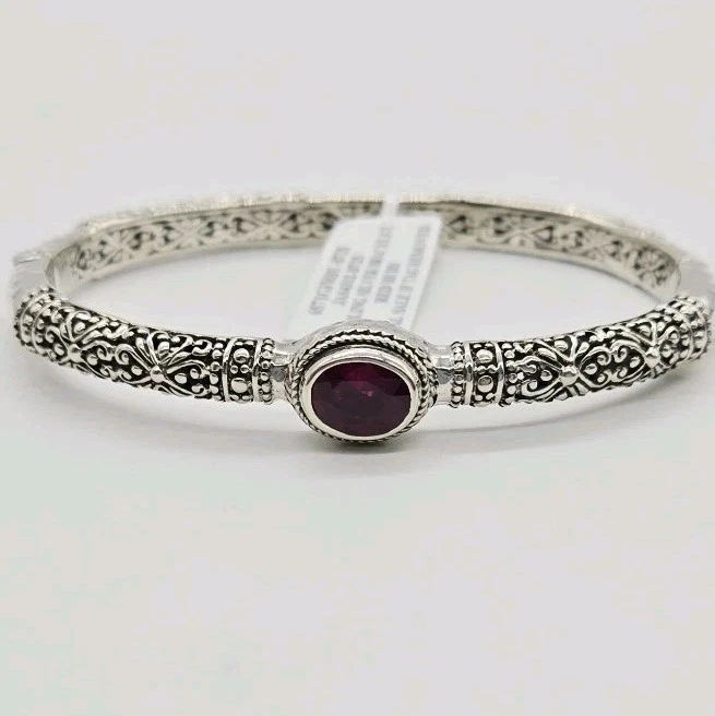 Sarda Hinged Bangle Bracelet Sterling Silver 925 Red Ruby Oval Faceted 7.25 in - Image 2 of 4