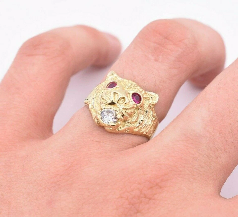 Anillo Cabeza de León Tigre Para Hombre Ojos de Rubí y Circonita Circonita Real Sólida Oro Amarillo 10K Talla 10 Foto 4 de 4