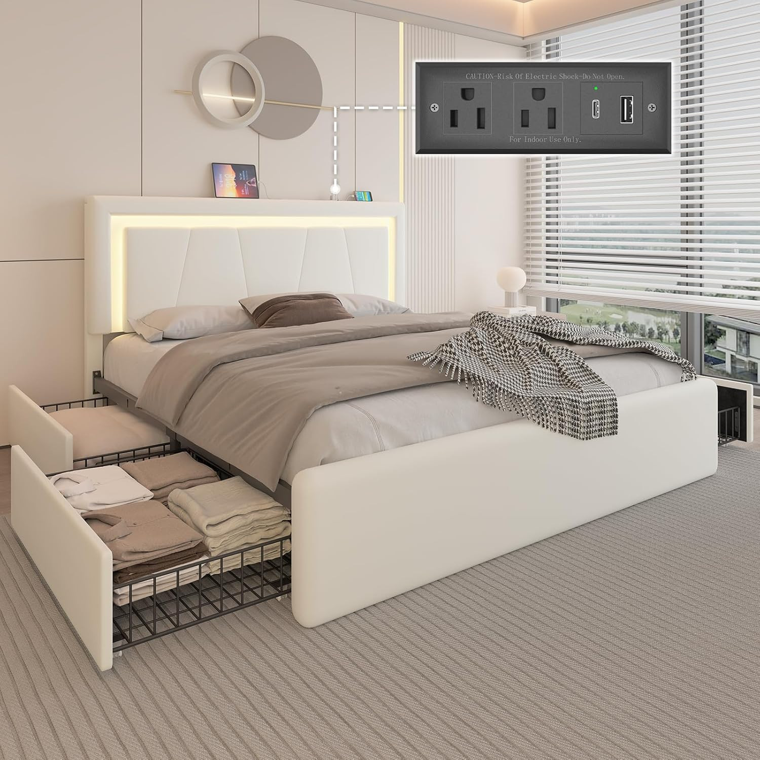 With 4 Storage Drawers And Led Lights, Upholstered Platform
