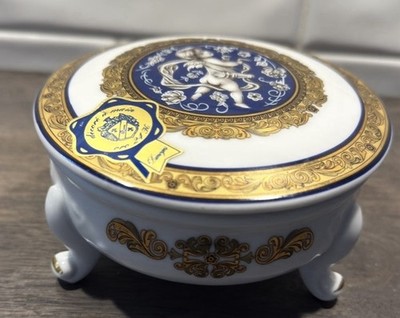 Vintage T. Limoges France Lidded Trinket Box   5'' Footed   24K Gold & Cherub Mot