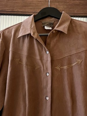 VTG Roughrider faux brown suede Western shirt embroidered arrow Women s Size L