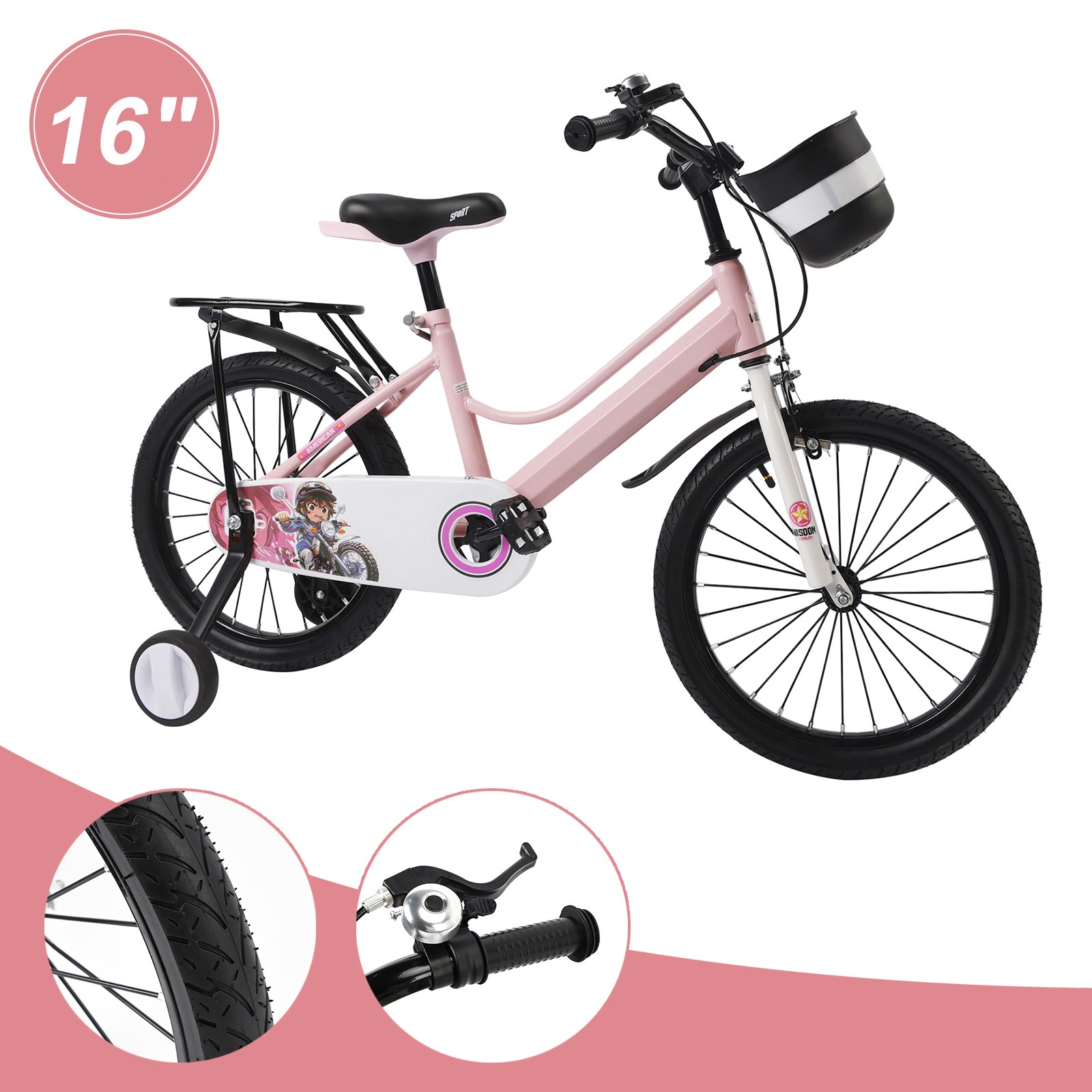16" Kids Bike for Boys and Girls with auxiliary wheels & Rack Pink