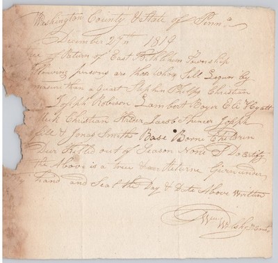 1819 Washington County PA Liquor Sellers Constable Document Bethlehem Twp B4-66