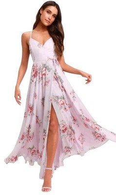 Lulus Elegantly Inclined Lavender Floral Wrap Maxi Dress Small Romantic New