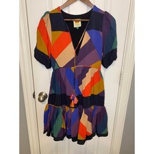 Farm Rio Womens Mini Dress XS Geometric Patchwork Tassel Puff Sleeve Maximalist