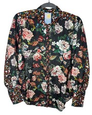 Johnny Was M Yrene Attar Black Floral Print Silk Button Blouse Tunic Shirt 248