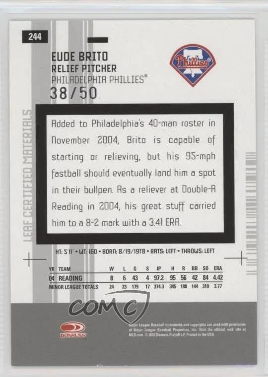 2005 Leaf Certified Materials Mirror Blue /50 Eude Brito #244 Rookie RC - Image 2 of 2