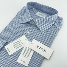 Eton Shirt Mens 15.75 40 Blue Check Slim Fit Cotton Tencel Dress Shirt