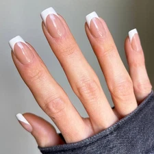  White French Tip Press on Nails Medium Square, Nude Pink Aesthetic French Tip