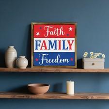 Rustic Faith Family Freedom Wooden Plaque 4th of July Patriotic Wall Art Decor