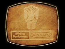 JI27146 VINTAGE 1970s DRESSER MINING EQUIPMENT BRASS LEATHER BELT BUCKLE