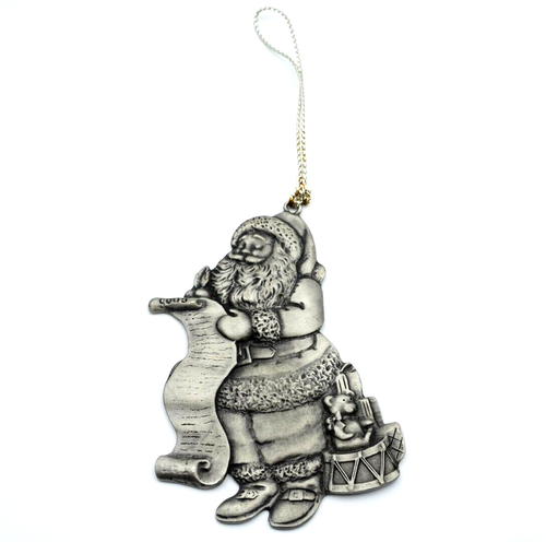 Avon Holiday Christmas Ornament Santa Checking His List 3" Pewter 1996