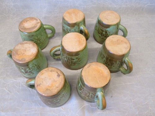 SET 8 FRANKOMA Pottery PRAIRE GREEN Mayan Aztec Coffee Mugs Cups Vintage 7C - Picture 7 of 10