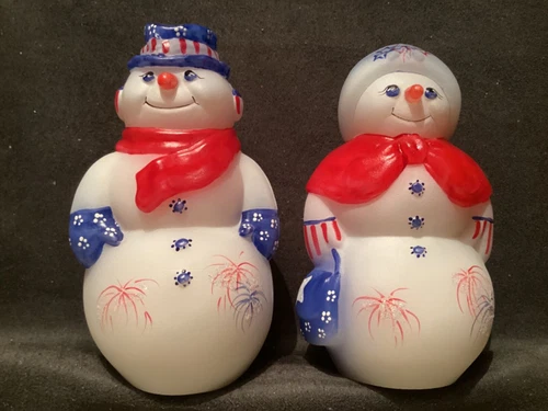 Fenton 2018 Patriotic Sam And Sally Snowmen Figurines #4 Of 8 M. Kibbe Used NB