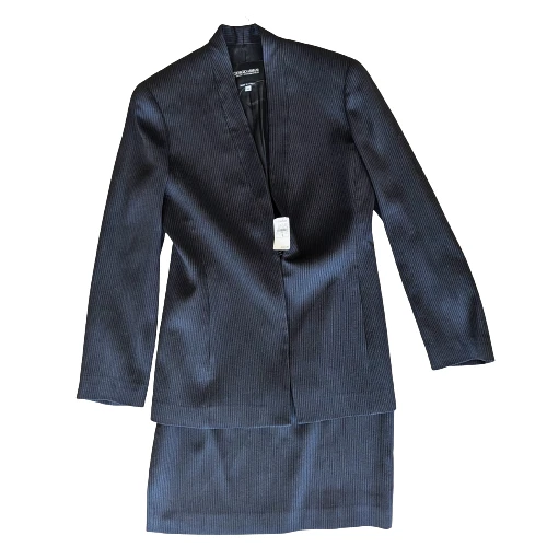 90s Giorgio Armani Black Label Gray Black Pinstripe Womens Skirt Suit 42 w Tags - Image 2 of 4