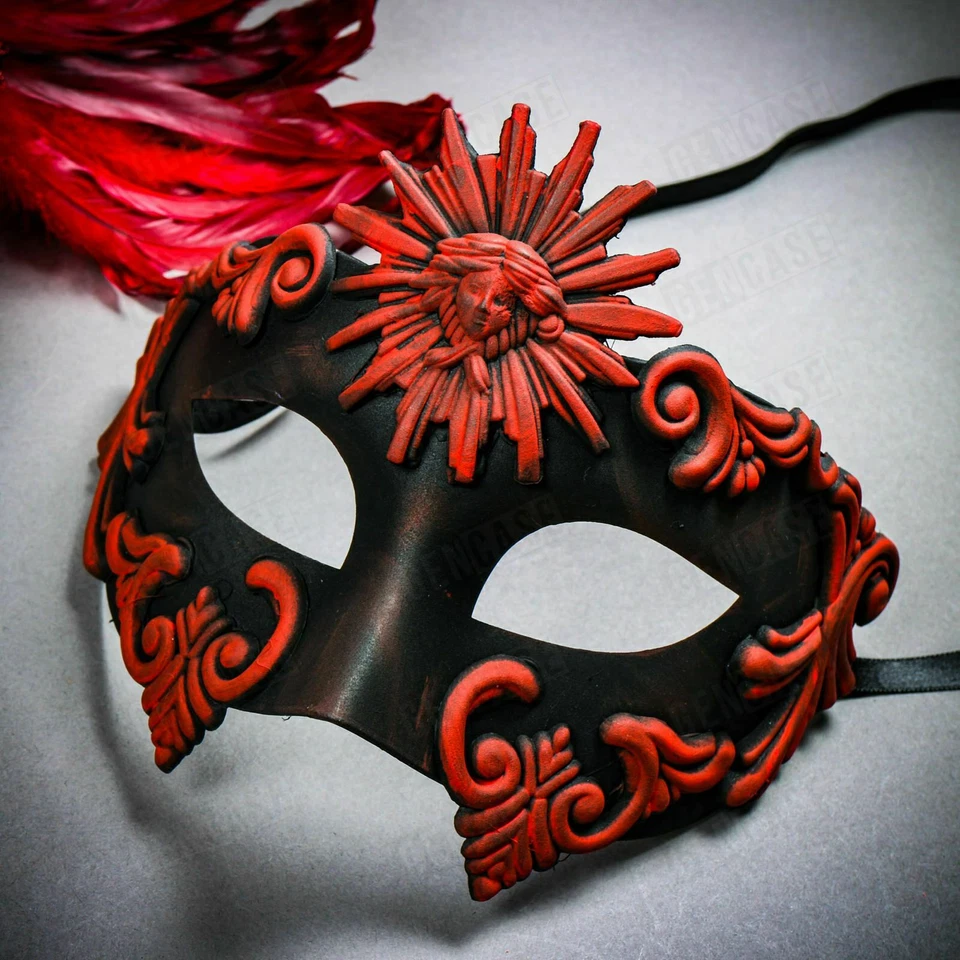Red Venetian Warrior Top Feather Men Women Masquerade Halloween Party Mask Set - Image 2 of 3
