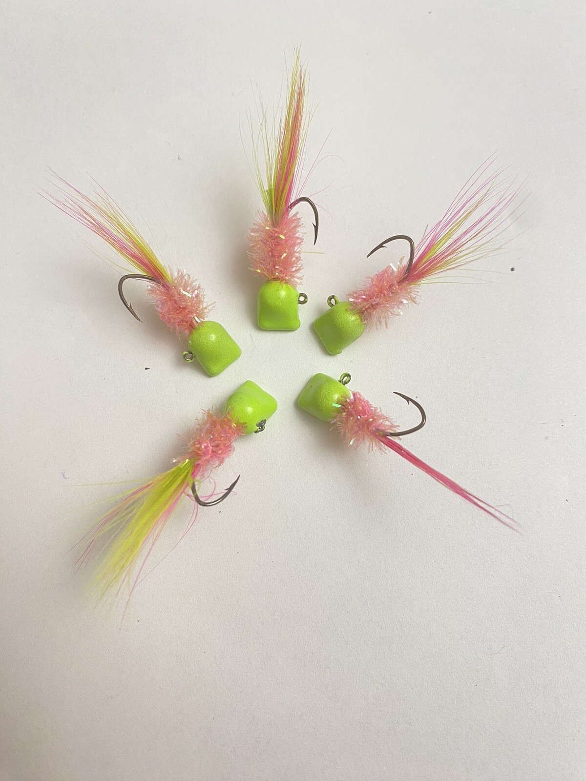 5 Pack Hatchet Head Hand Tied Crappie Hair jig. Each Jig Weighs 1/16oz