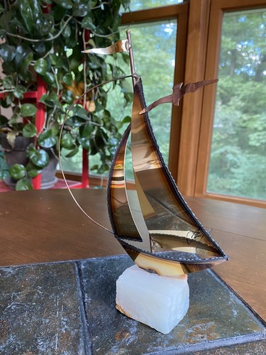 Vintage Brass Sailboat Sculpture Travertine Marble Base Mario Jason MCM - Foto 2 di 10