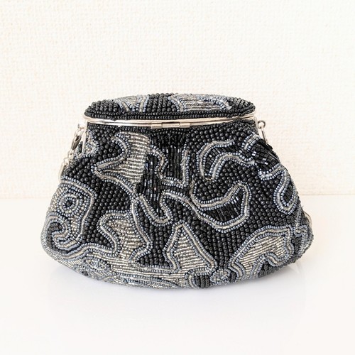 Japanese Vintage Beaded Evening Shoulder Bag Abstract Pattern Blk/Silver 7x4 in - Picture 4 of 21
